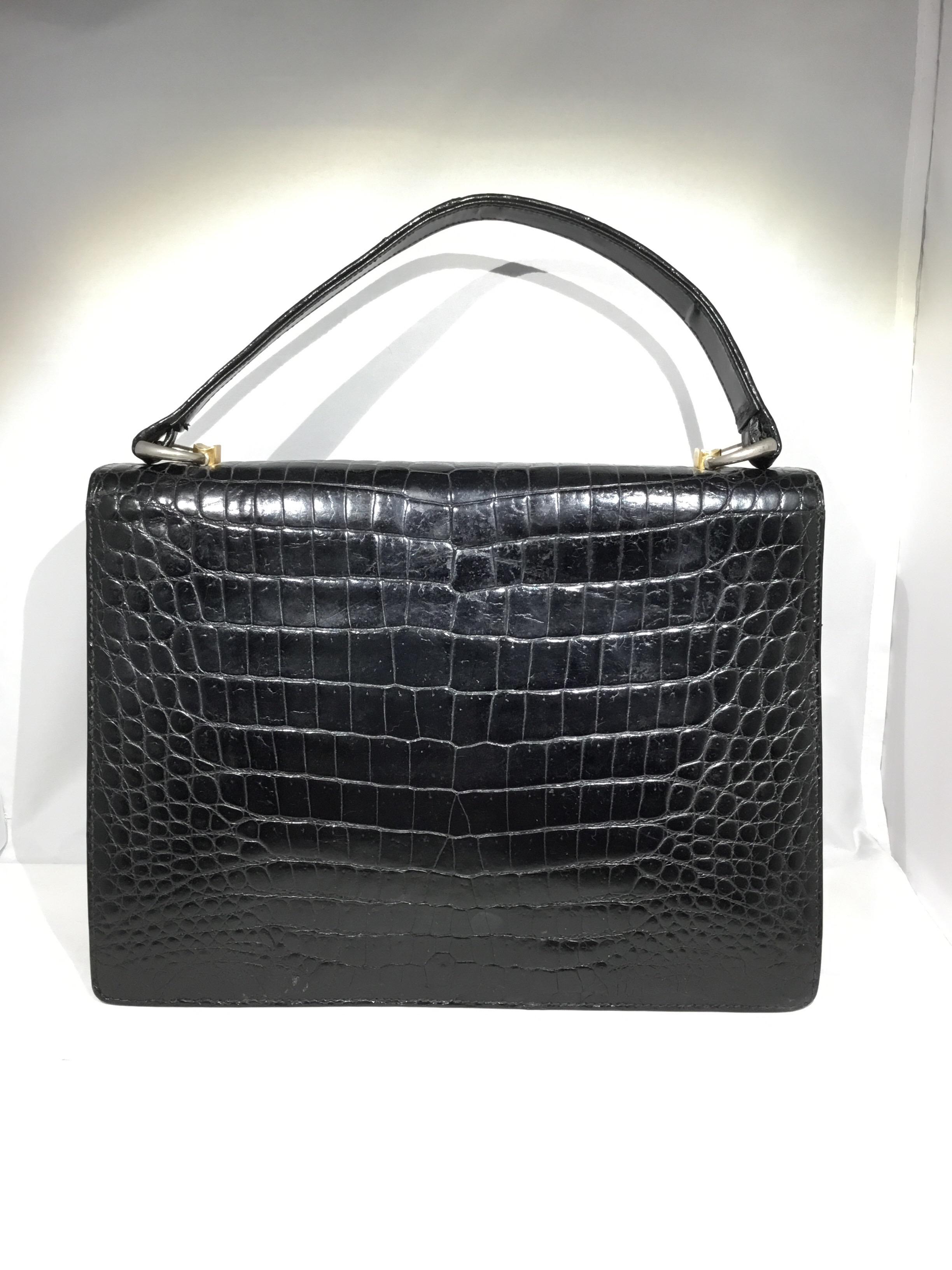 Vintage Gucci 1960’s Black Crocodile Handbag In Excellent Condition In Carmel, CA