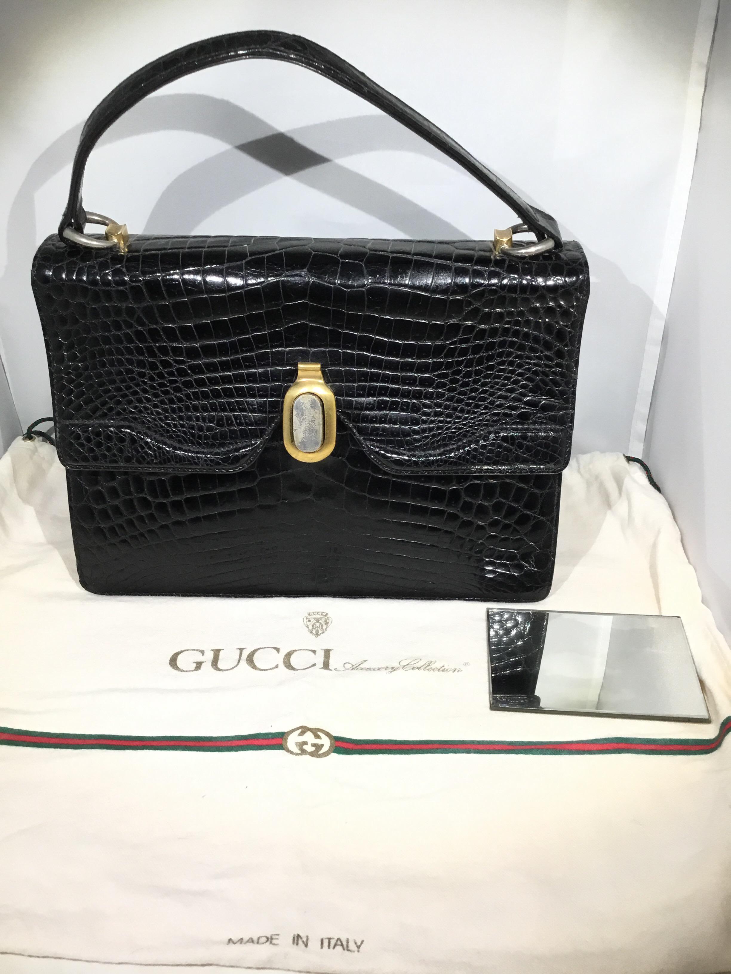 Vintage Gucci 1960’s Black Crocodile Handbag 5