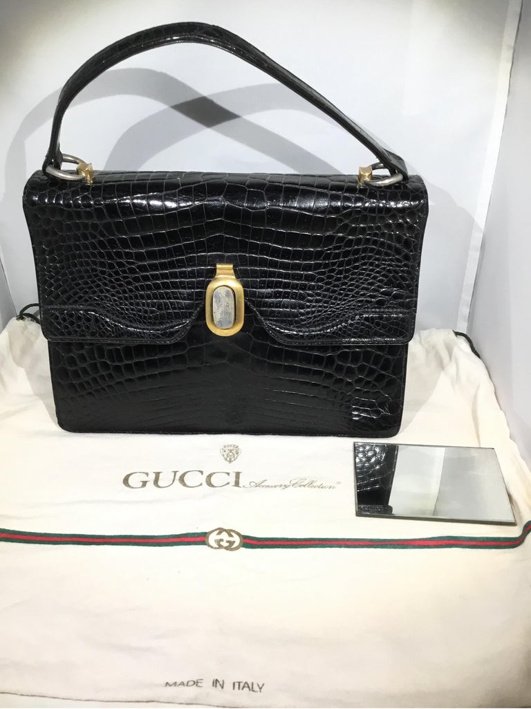 Vintage Gucci 1960’s Black Crocodile Handbag For Sale 8