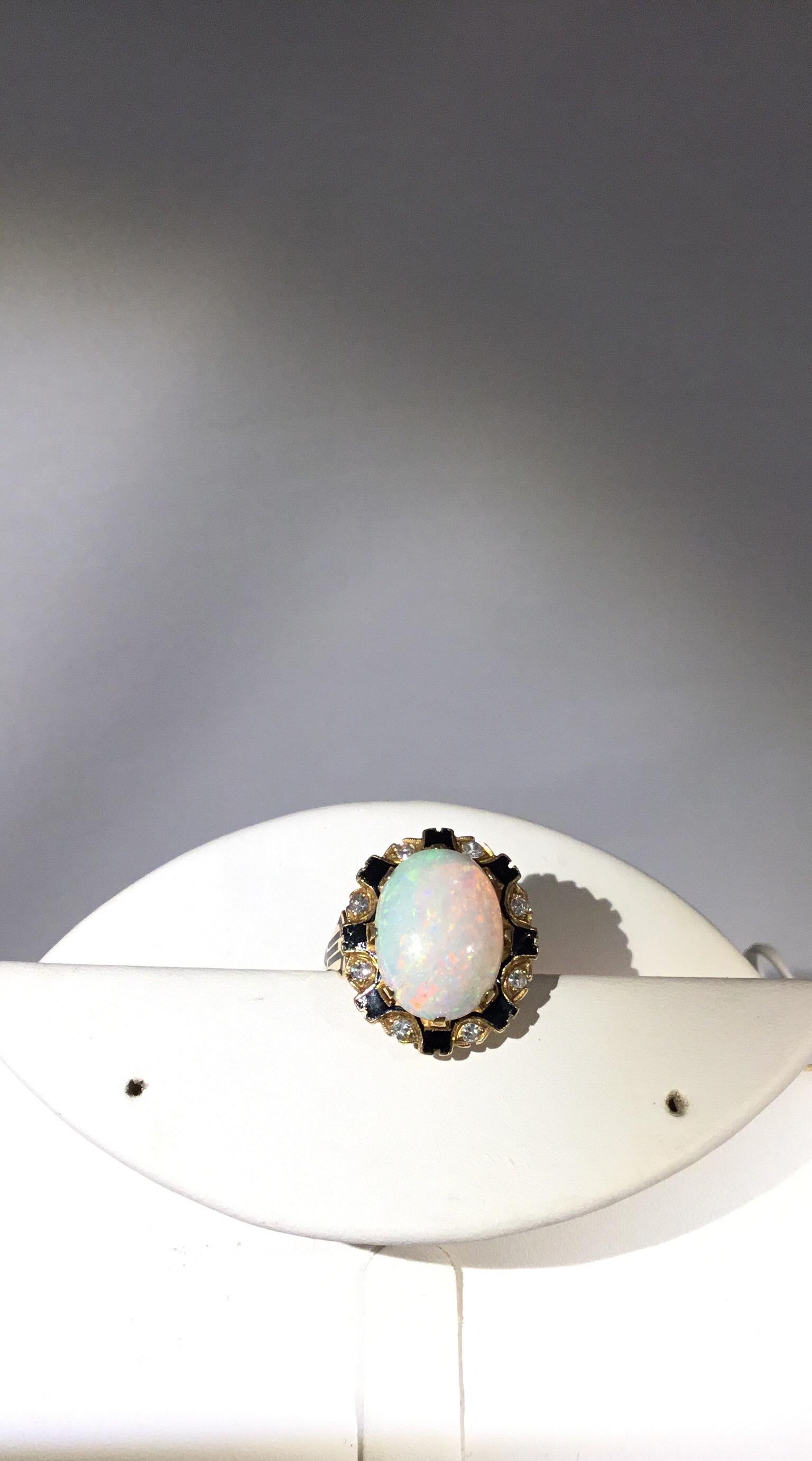 Opal 14k Gold Ring with Diamonds & Sapphire circa 1920 3