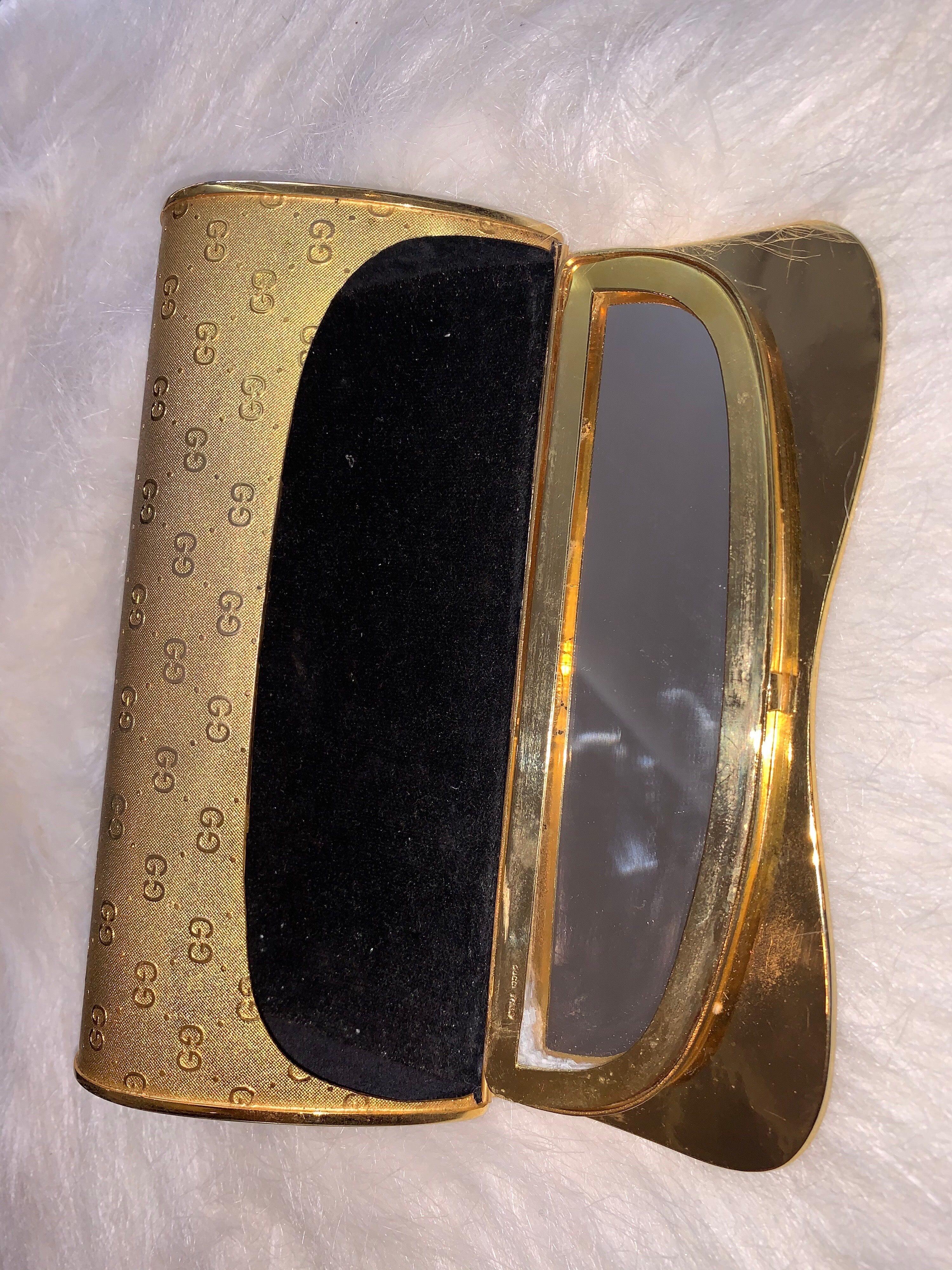 Gucci Gold Tone Metal Minaudière Embossed Logo 1970's In Good Condition In Carmel, CA