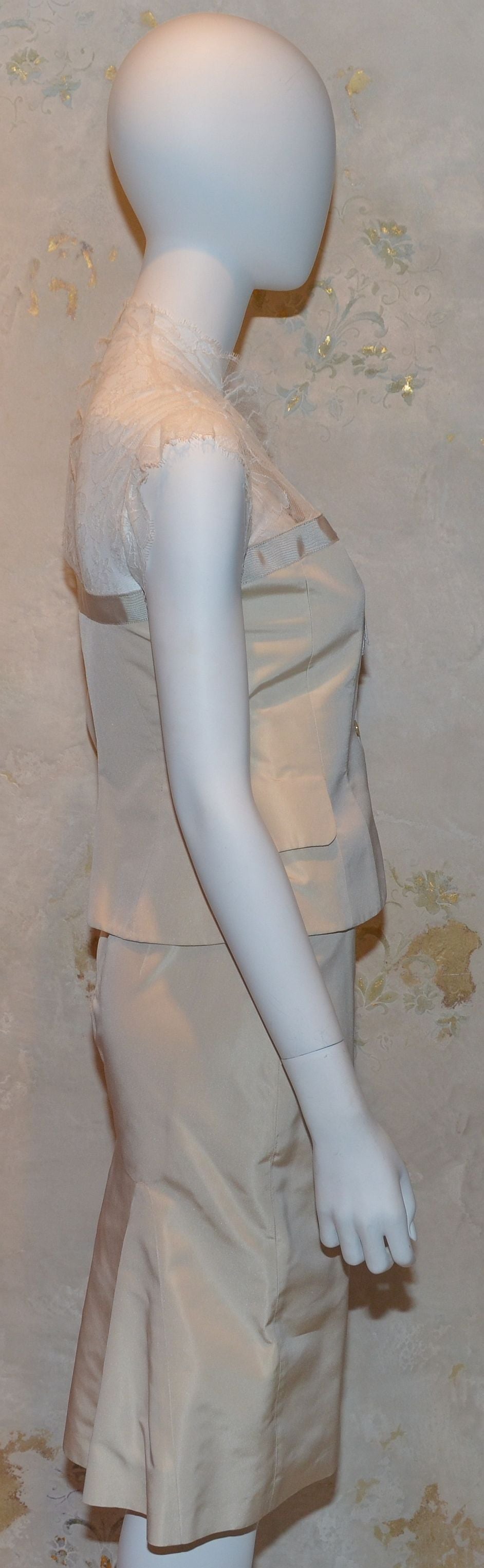 Gray Alexander McQueen 2004 Ivory Silk Lace Top and Skirt Suit