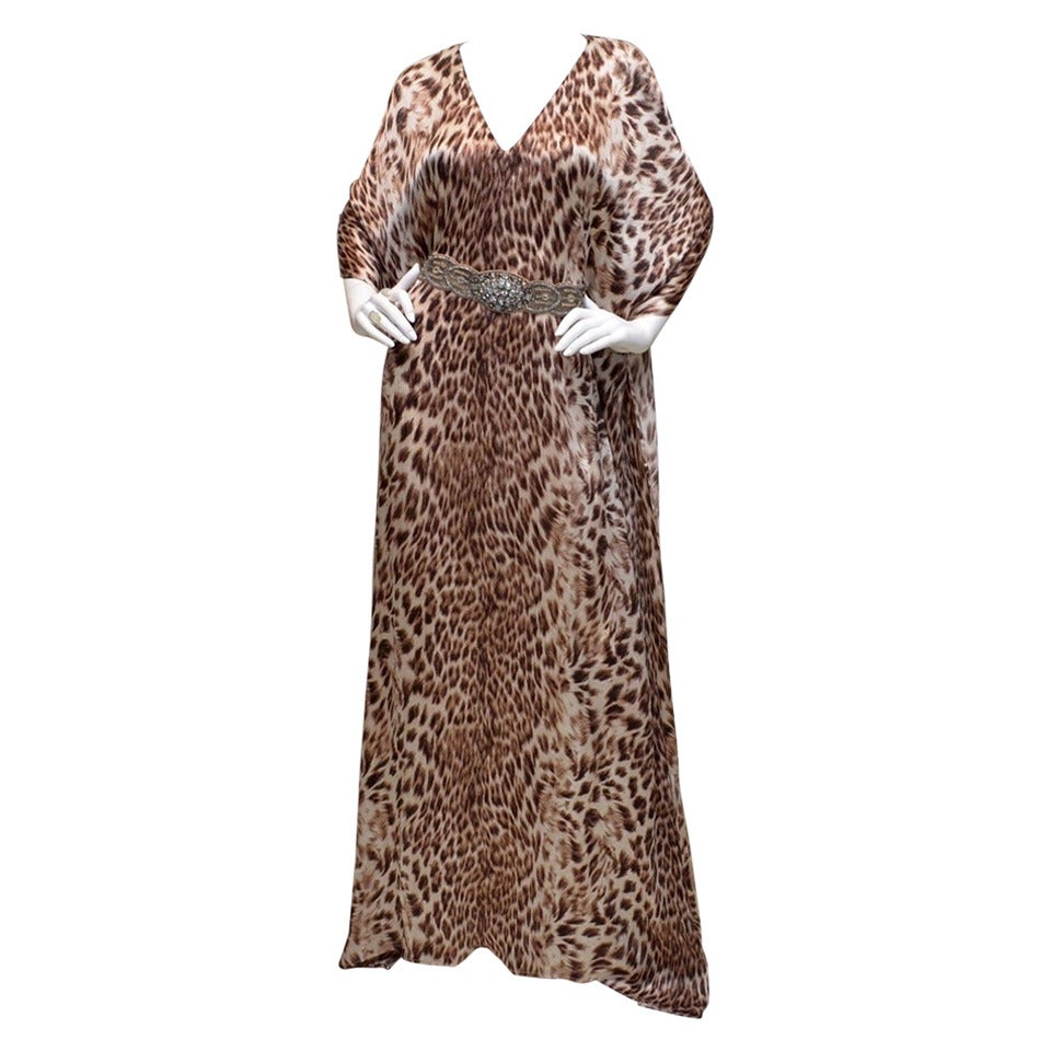 Badgley Mischka Leopard Animal Print Silk Crystal Belt Caftan Dress