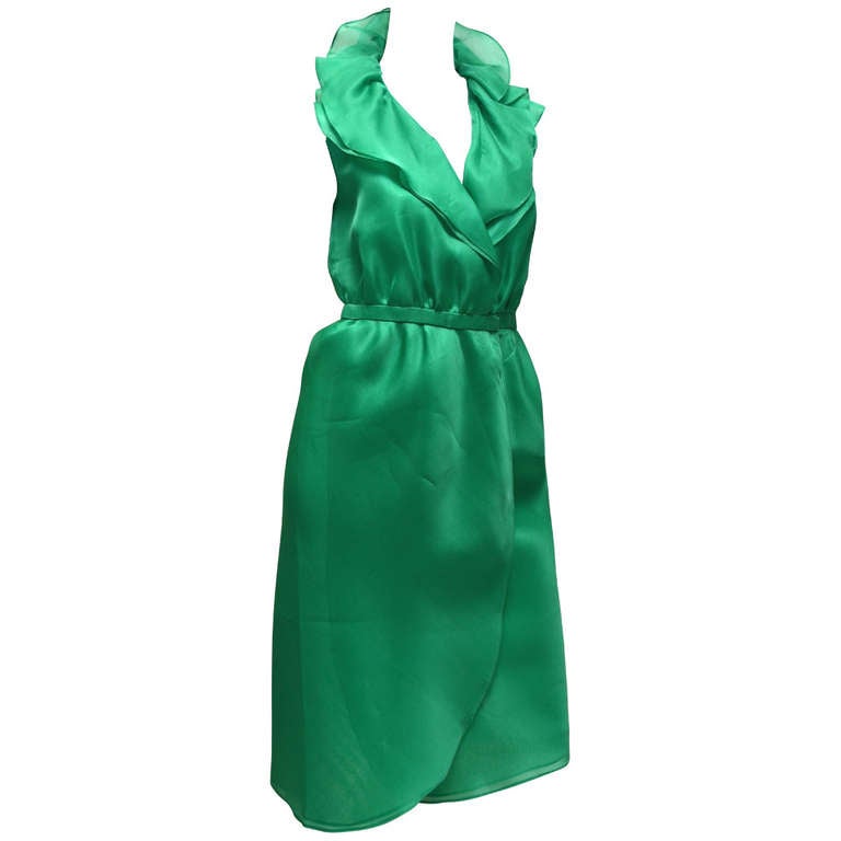 Halston Organza wrap Dress with Ruffle Collar Vintage 1970's