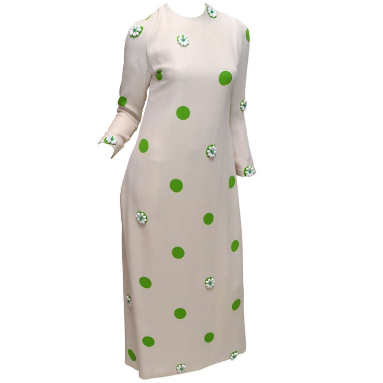 James Galanos 1960s Summer Green & White Polka Dot Beaded Gown