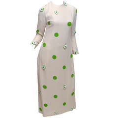 Vintage James Galanos 1960s Summer Green & White Polka Dot Beaded Gown