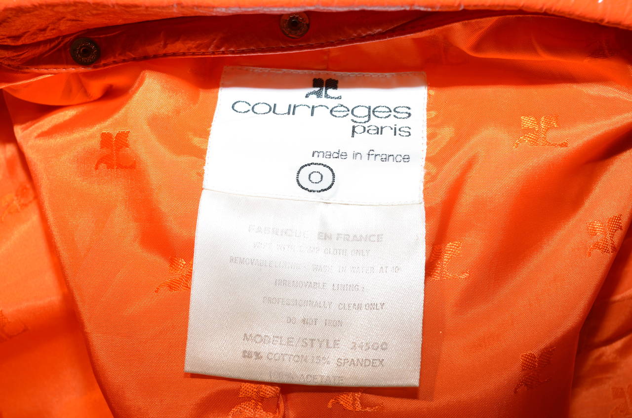 1960s Courreges Vintage Summer Orange Vinyl Snap Button Jacket In Excellent Condition In Carmel, CA