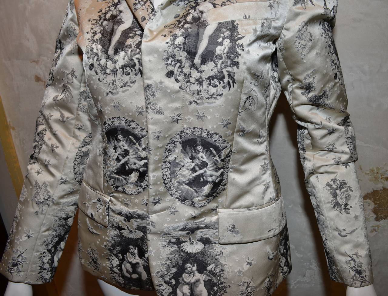 Women's Jean Paul Gaultier Cherub Print Metallic Silver Sequin Collar Grey Blazer Jacket