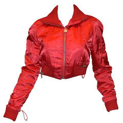 '03 A Chanel Collection Red Satin Crop Ribbed Bomber Jacket