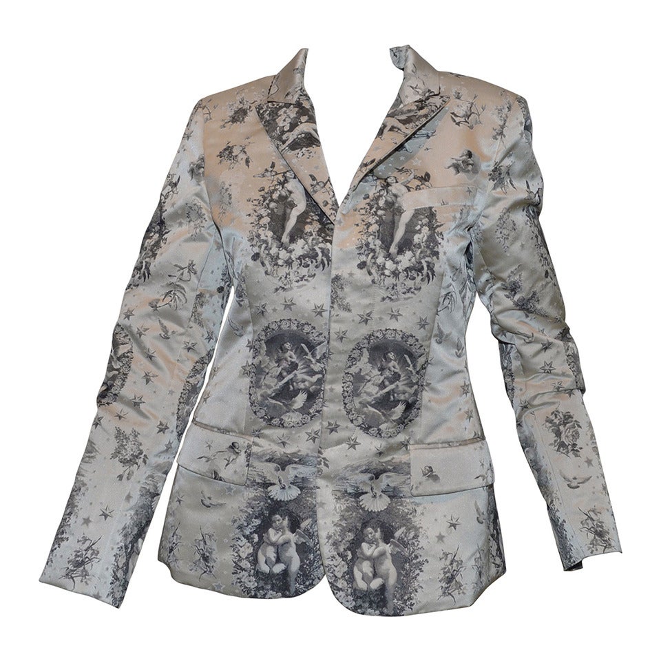 Jean Paul Gaultier Cherub Print Metallic Silver Sequin Collar Grey Blazer Jacket