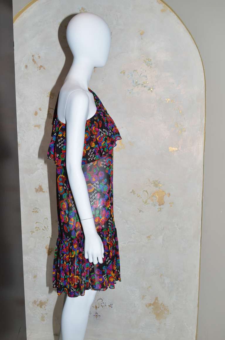 Yves Saint Laurent Vintage 1970's YSL One Shoulder Chiffon Floral Peasant Dress with ruffle at neck and hem.