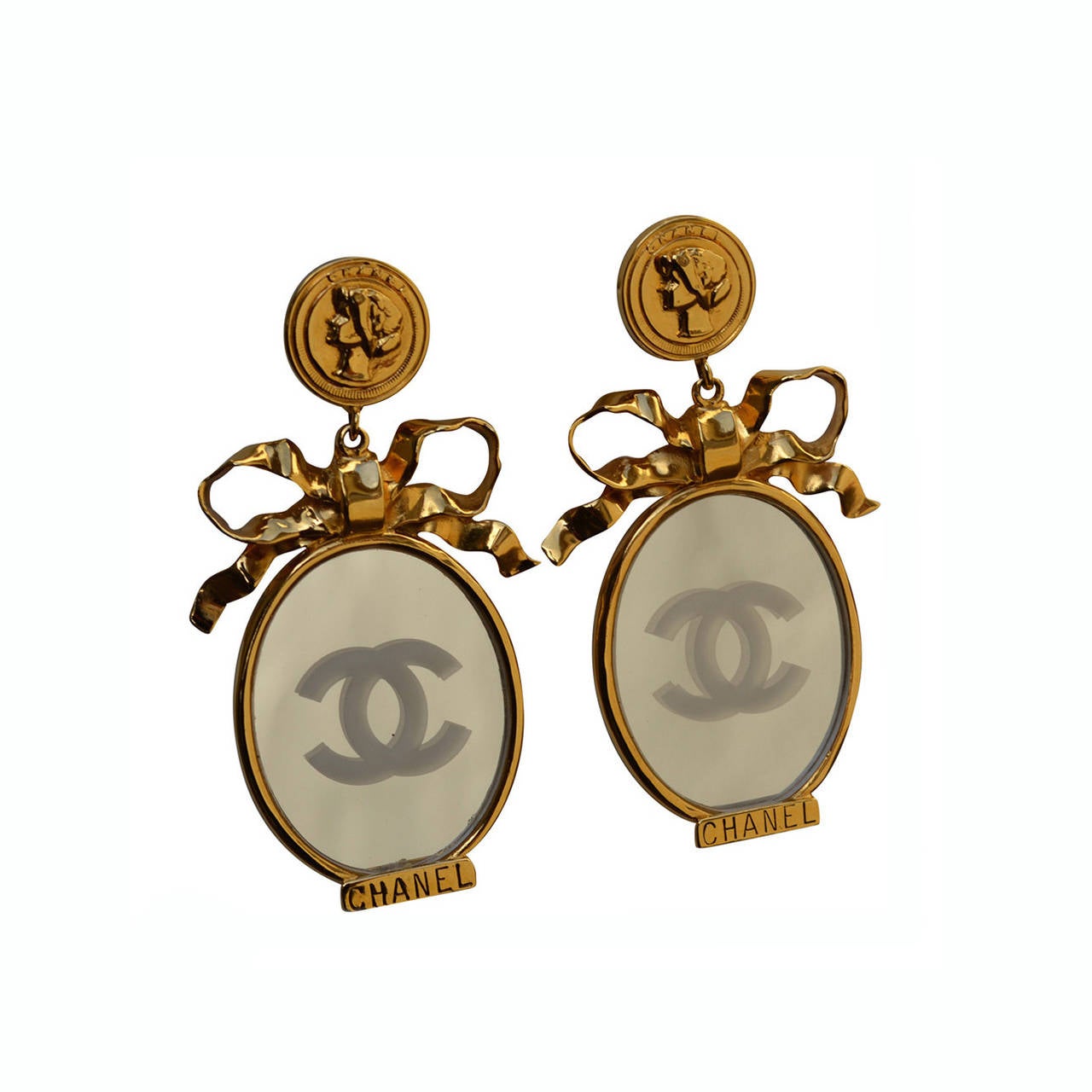 Chanel Couture Huge Etched Mirror Earrings