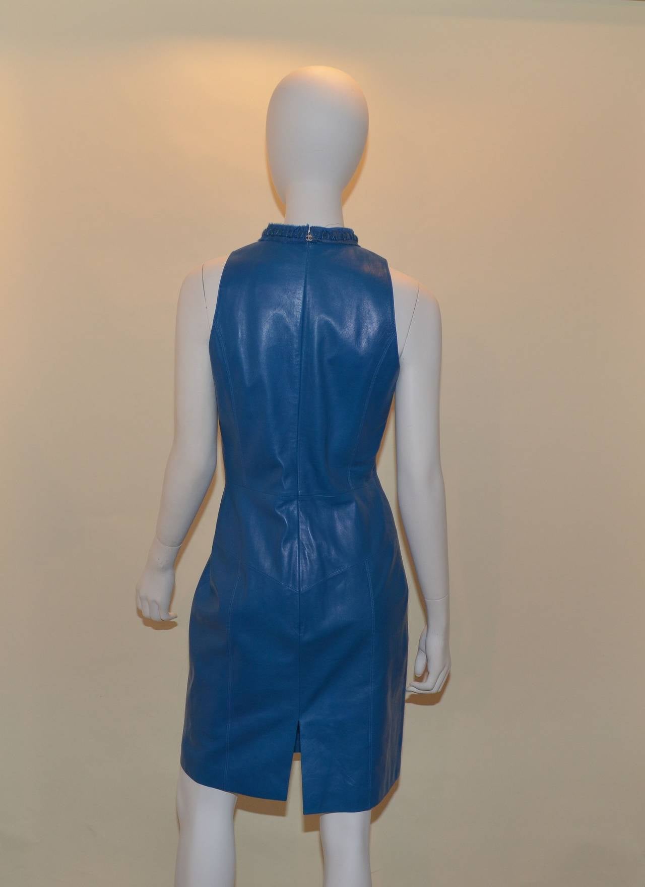 Chanel 08P Blue Lambskin Leather Sleeveless Dress 40 In Excellent Condition In Carmel, CA