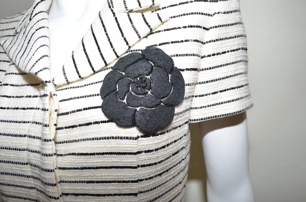 Chanel 01C Striped Tweed Sequin Coat Dress w/ Floral Camellia Applique 1