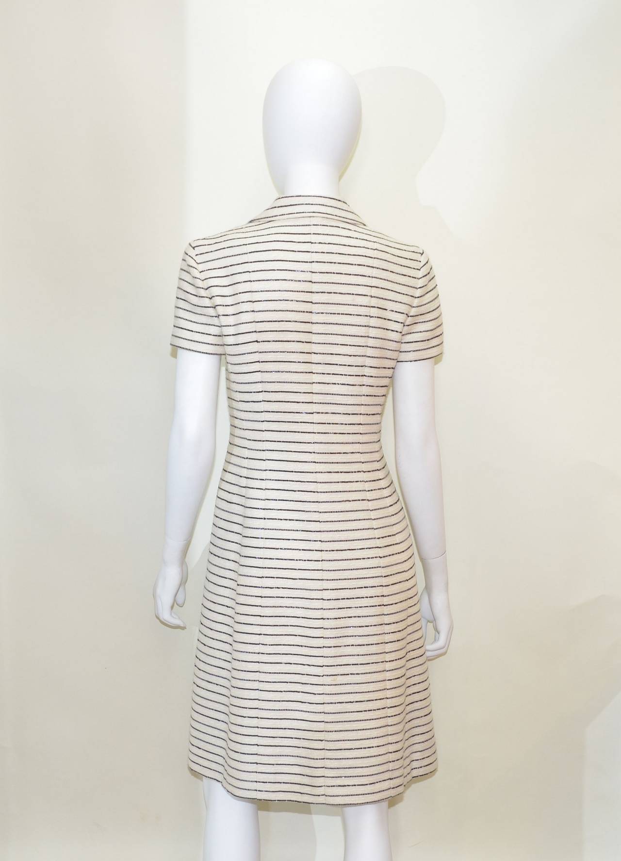 Chanel 01C Striped Tweed Sequin Coat Dress w/ Floral Camellia Applique In Excellent Condition In Carmel, CA