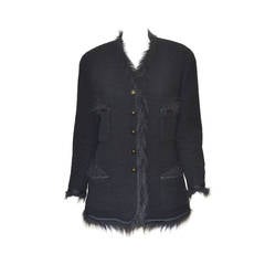 Chanel Black Boucle Jacket Faux Fur Trim