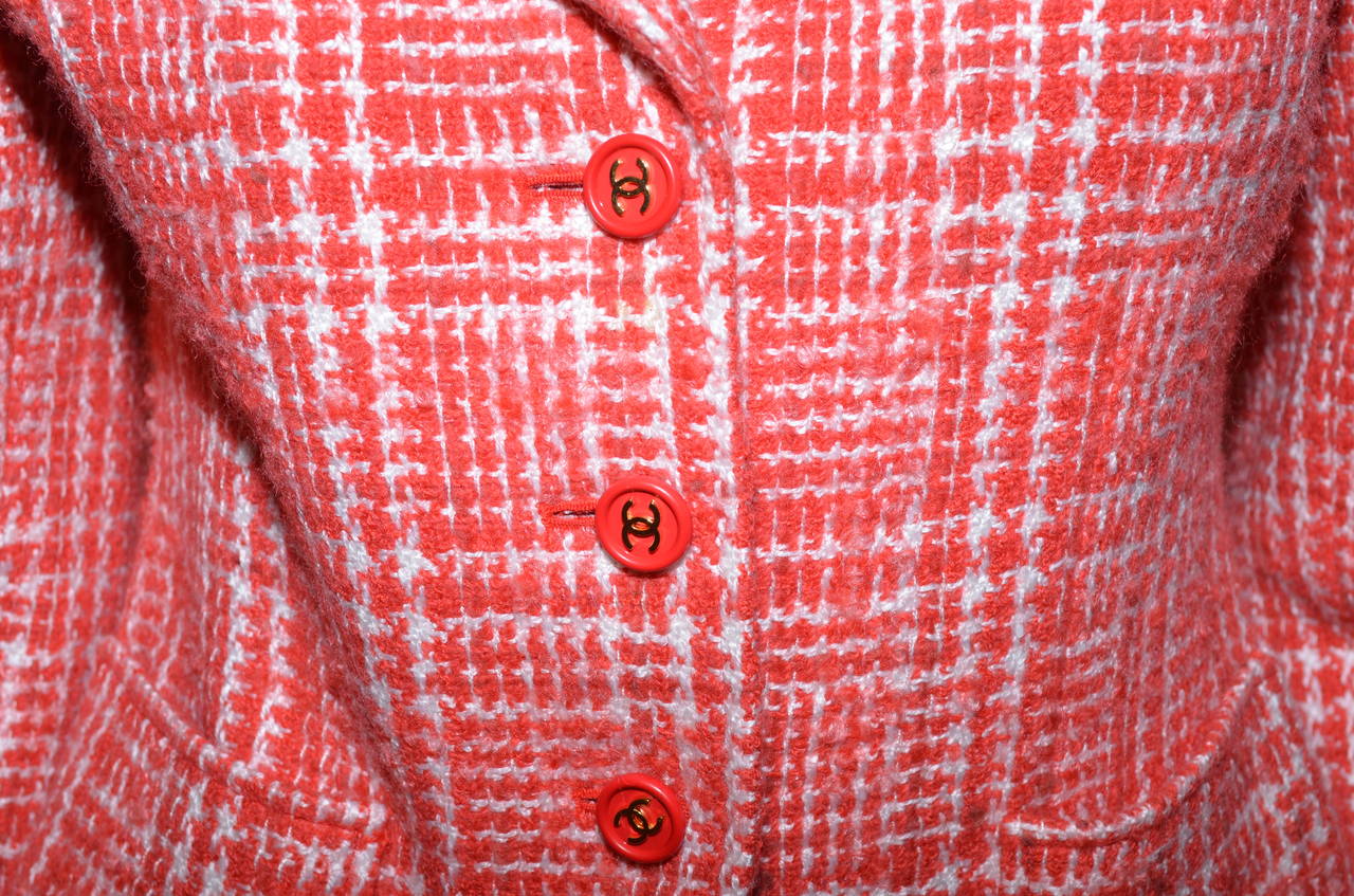 Chanel Red 1997 P Summer Coral Orange Tweed Button Blazer Jacket 1