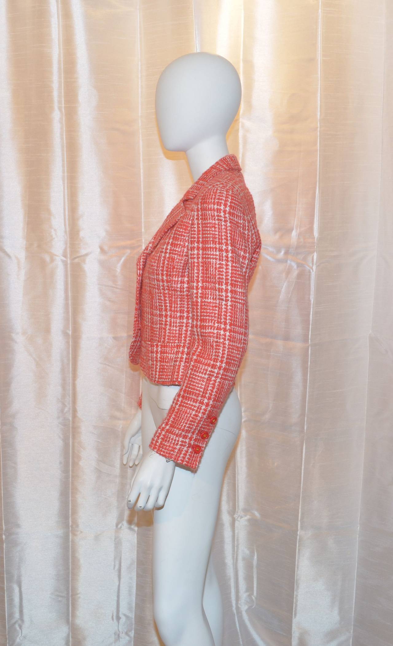 Pink Chanel Red 1997 P Summer Coral Orange Tweed Button Blazer Jacket