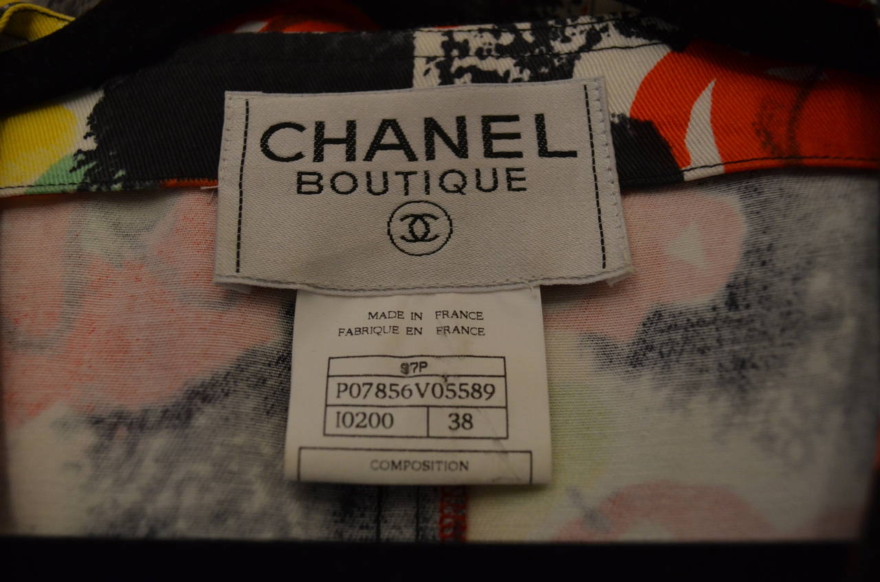 Chanel 1997 P Floral Summer Hues Print Denim Graffiti Dress In Excellent Condition In Carmel, CA