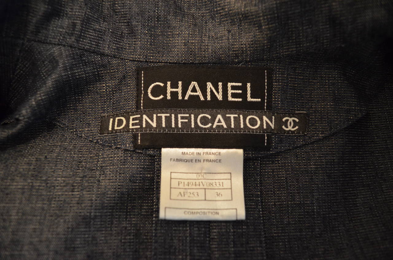 Chanel 2000 C Identification Denim Jacket Sequin Hologram Pockets In Excellent Condition In Carmel, CA