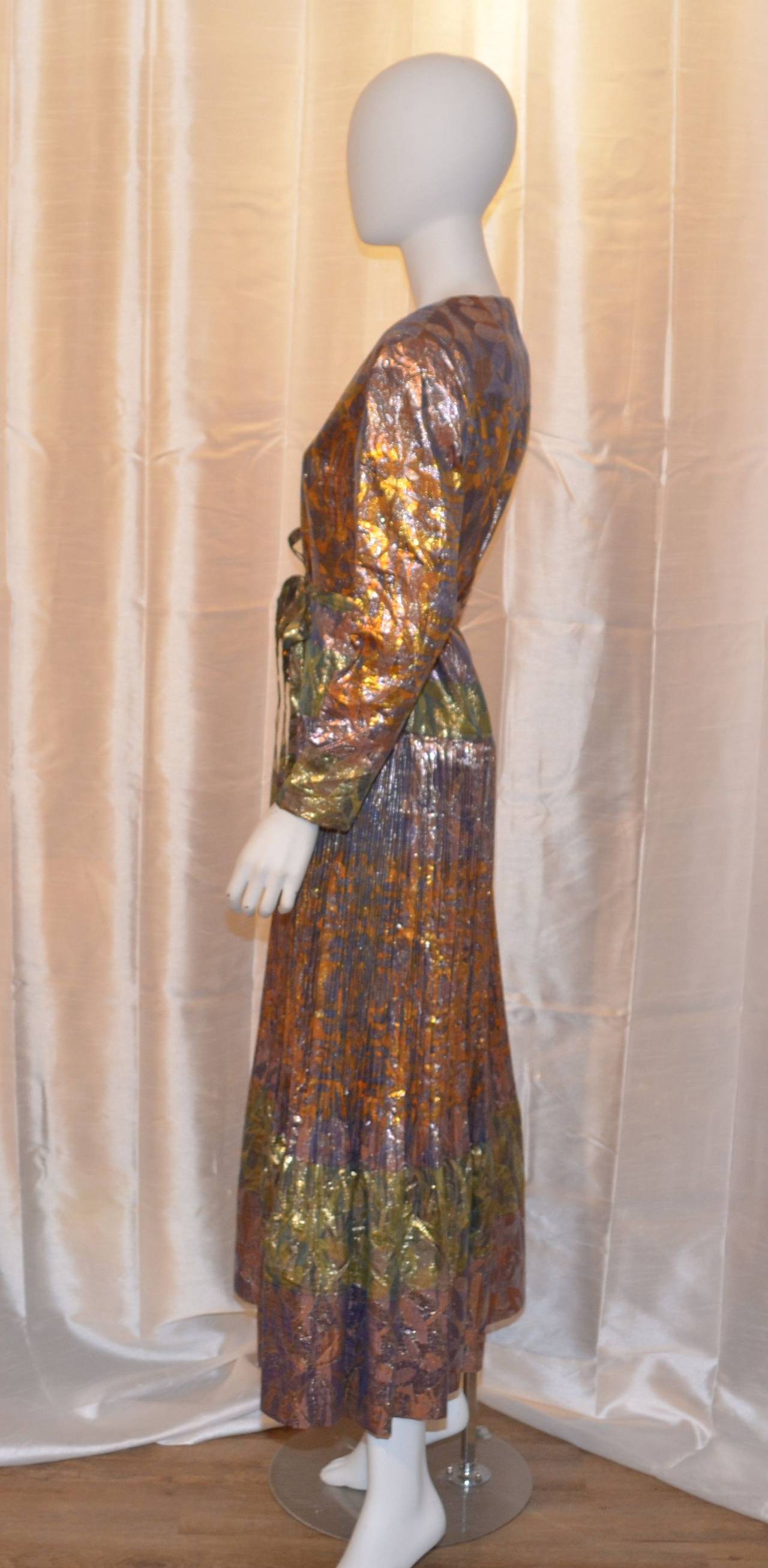 Brown Vintage 1970s Lanvin Lamé Pleated Dress Evening Gown