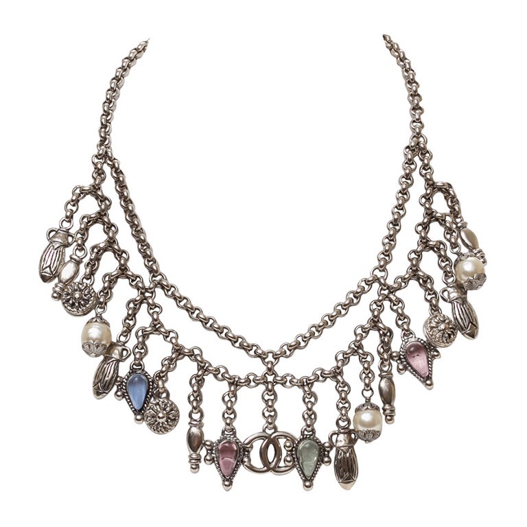 Vintage Silver Tone Metal Statement Bib Choker Necklace White Glass Bead Pendants Hanging Charms Fringe