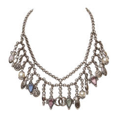 Vintage Chanel Silver Necklace with Dangle MultiColor Charms Choker 11