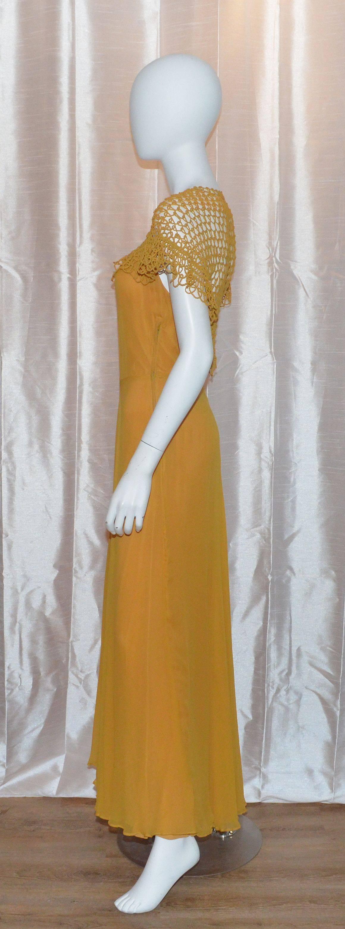 Brown Vintage 1930's Golden Yellow Crochet Long Gown Great Back Detail