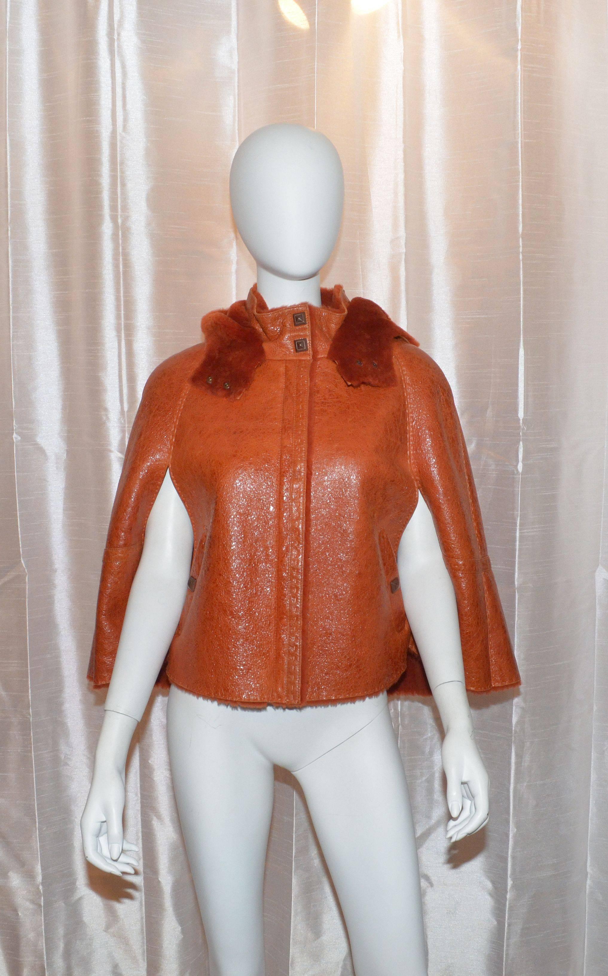 Pumpkin Shearling Fur Cape with Hood by Escada In Excellent Condition In Carmel, CA