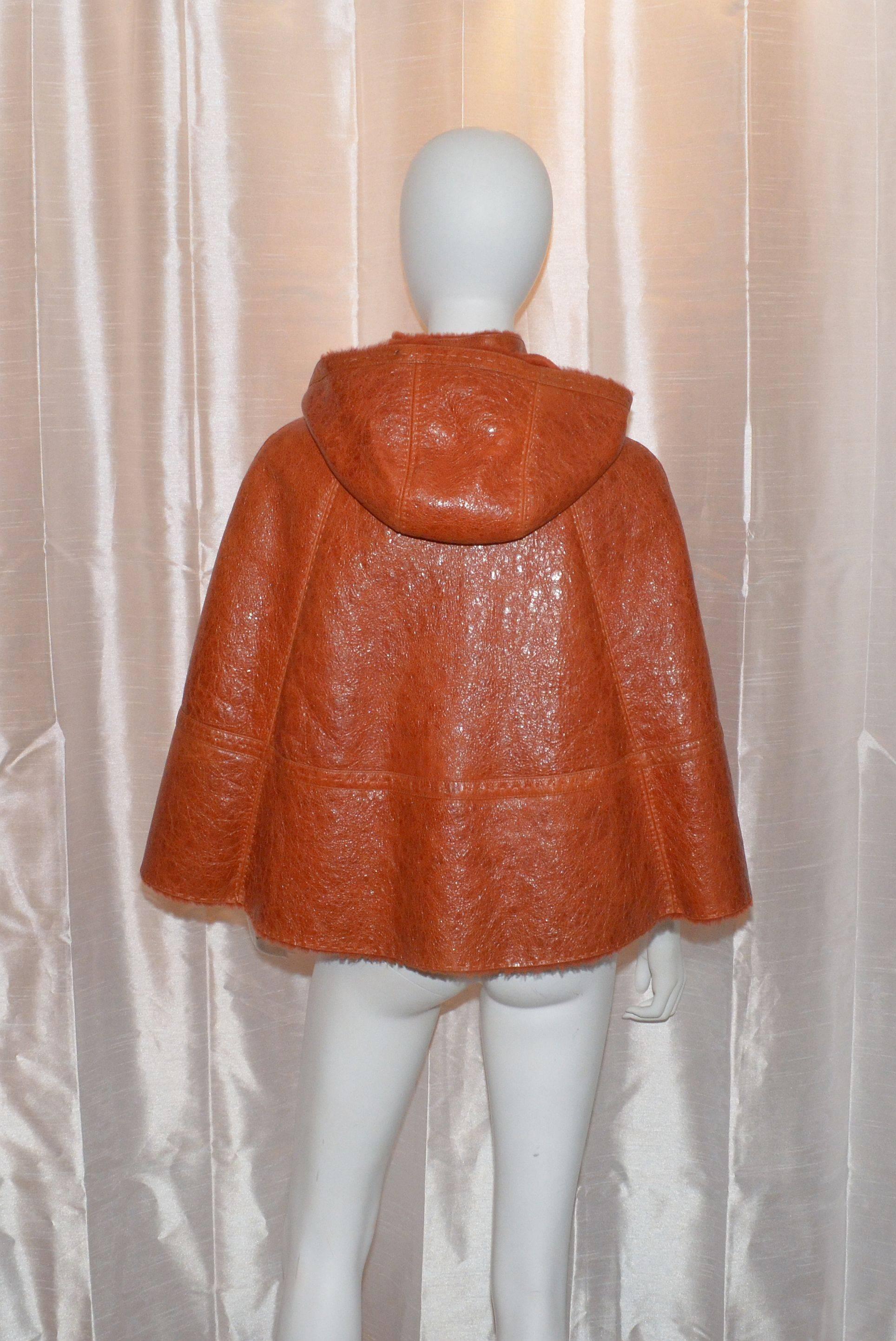 Brown Pumpkin Shearling Fur Cape with Hood by Escada