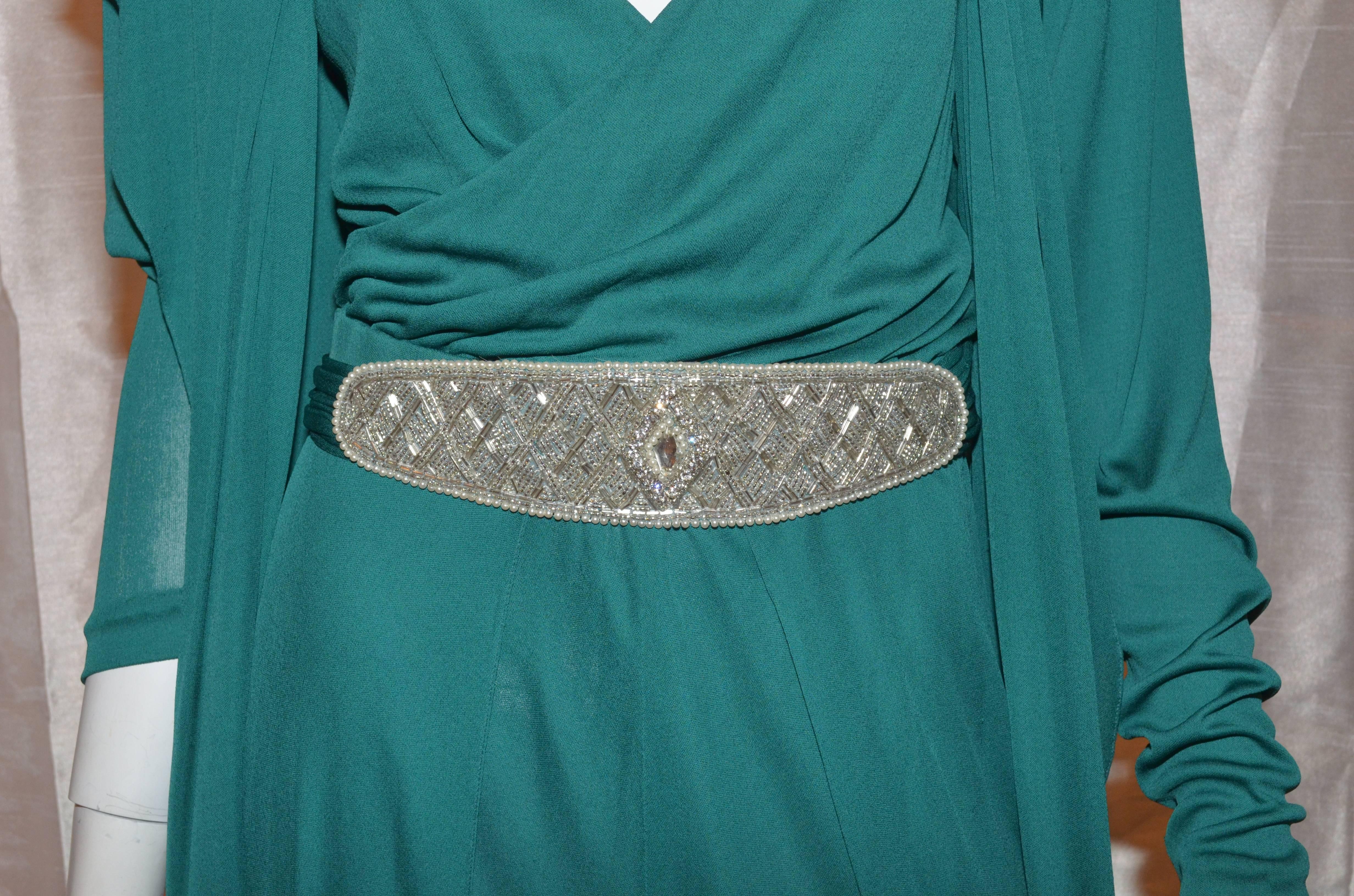 Holly Harp Teal Jersey Draped 4 Piece Ensemble Vintage Skirt Suit Set In Excellent Condition In Carmel, CA