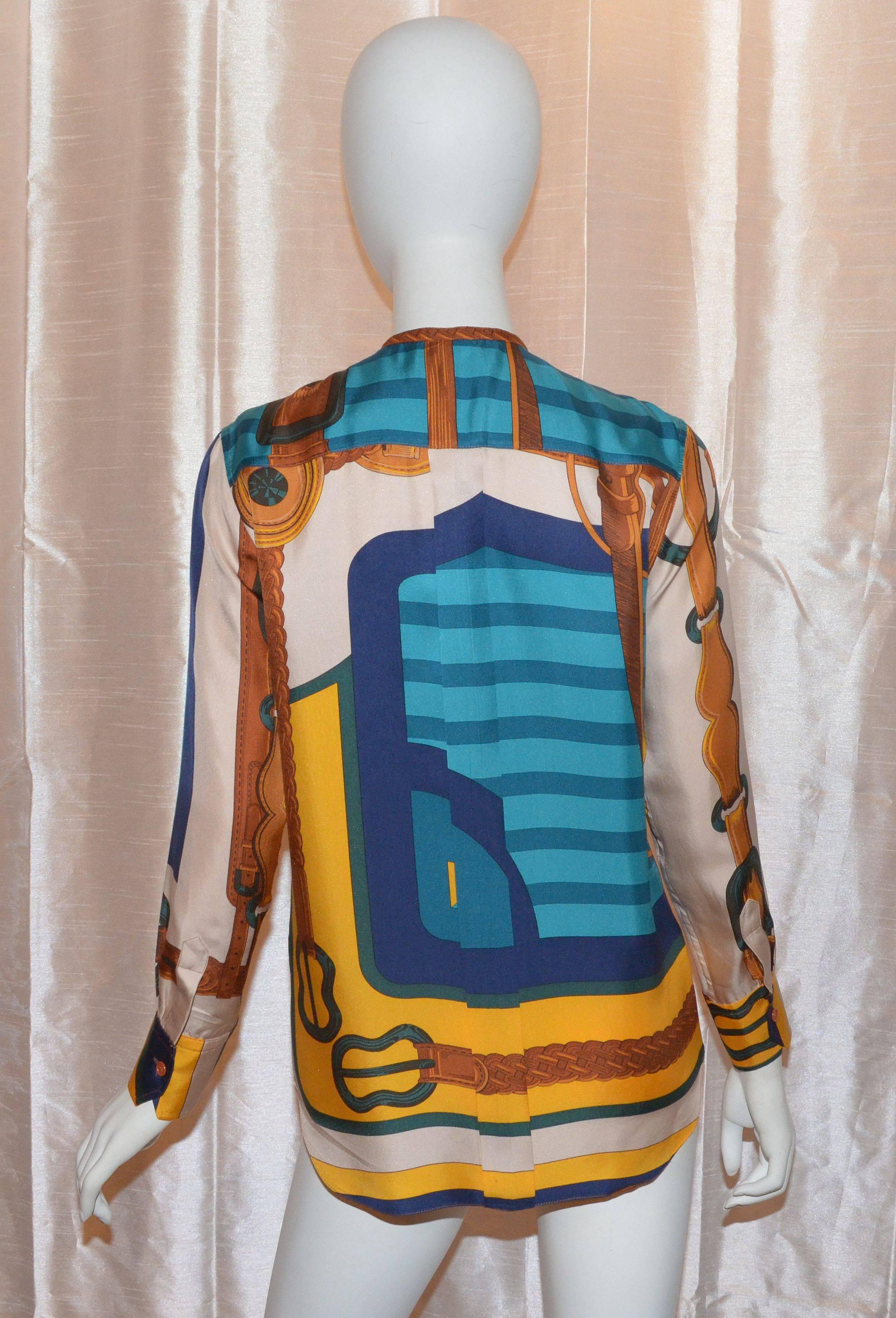 Hermes Paris Silk Equestrian Print Button Up Blouse In Excellent Condition In Carmel, CA