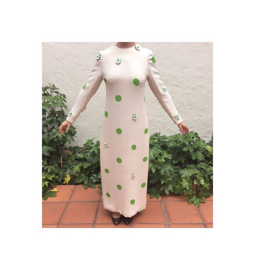 Gray James Galanos 1960s Summer Green & White Polka Dot Beaded Gown For Sale