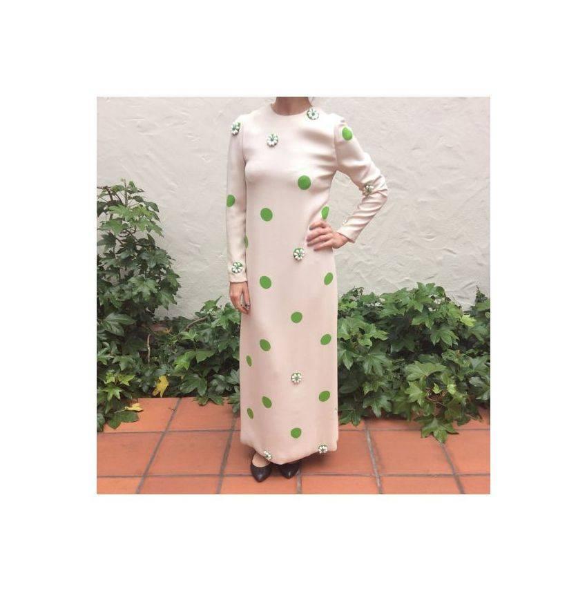 James Galanos for Amelia Gray Beverly Hills Beaded Floral Polka Dot Column Gown
Cream silk gown with green polka dots and random white beaded flowers
Couture quality construction
Vintage 1960's