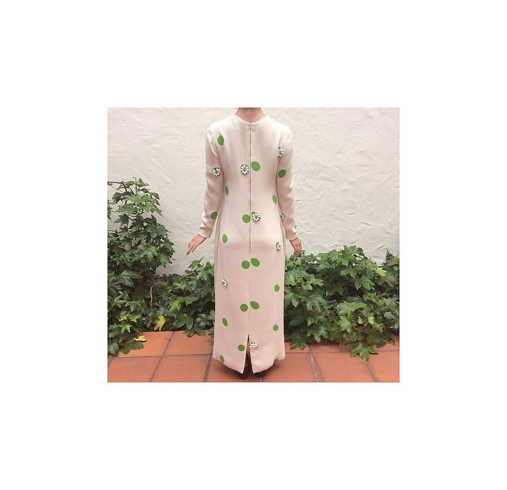 James Galanos 1960s Summer Green & White Polka Dot Beaded Gown For Sale 5