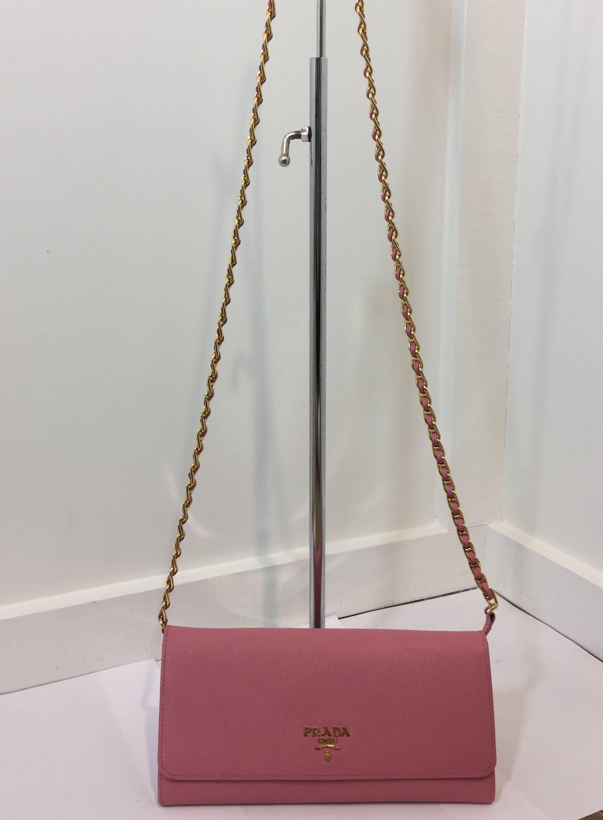 Brown Prada Pink Saffiano Leather Wallet on a Chain 