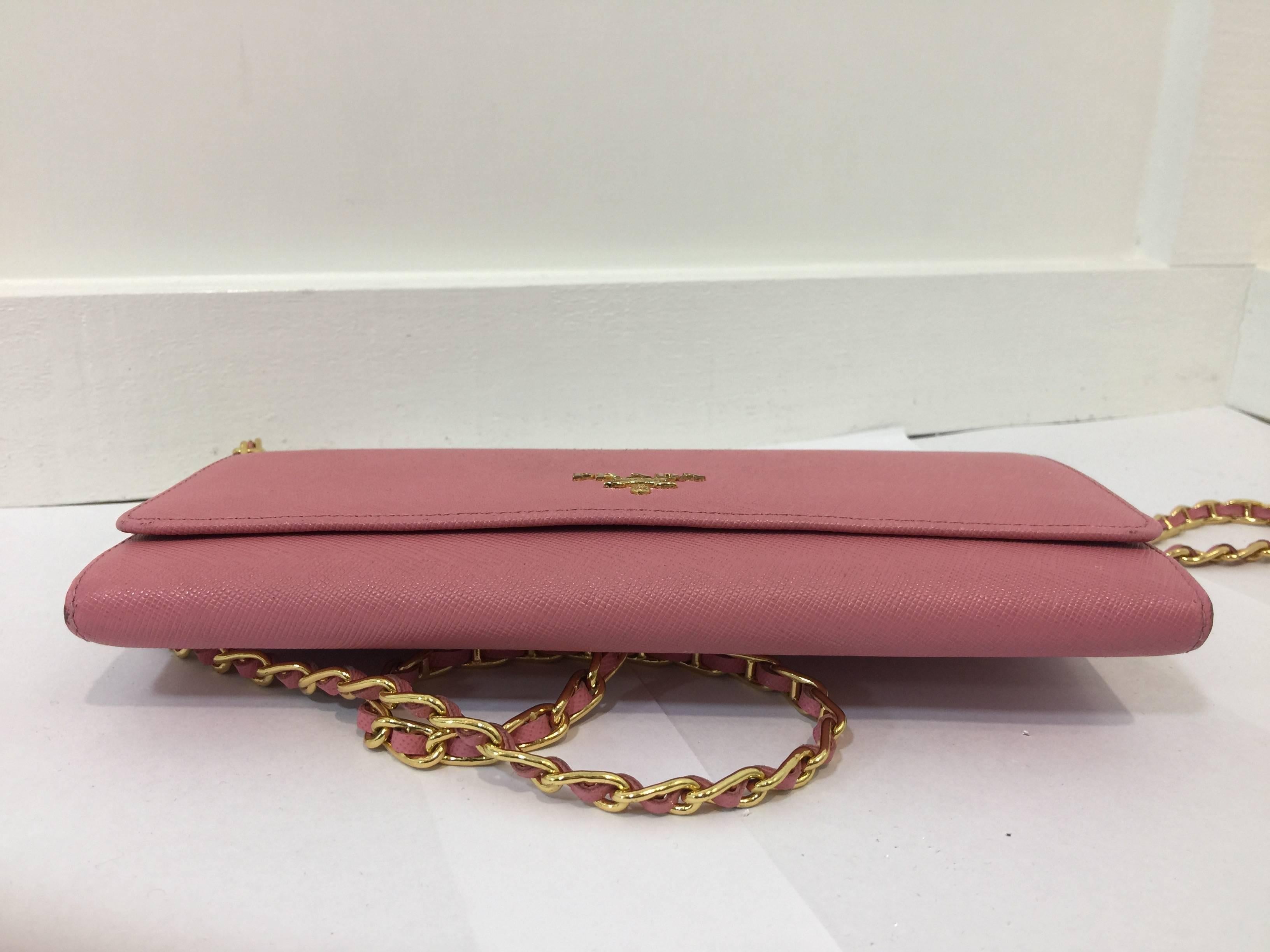 Prada Pink Saffiano Leather Wallet on a Chain  In Good Condition In Carmel, CA