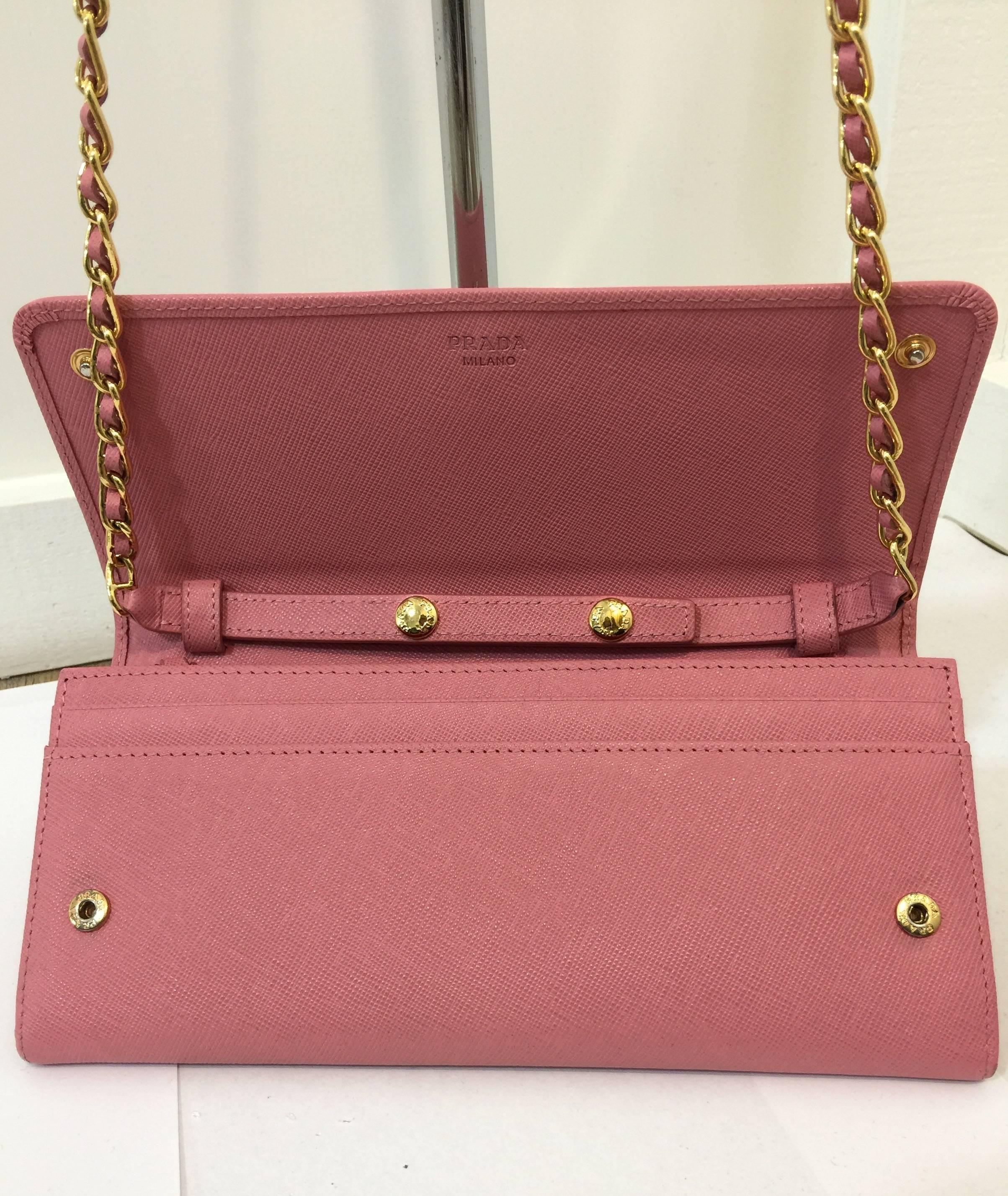 Prada Pink Saffiano Leather Wallet on a Chain  4