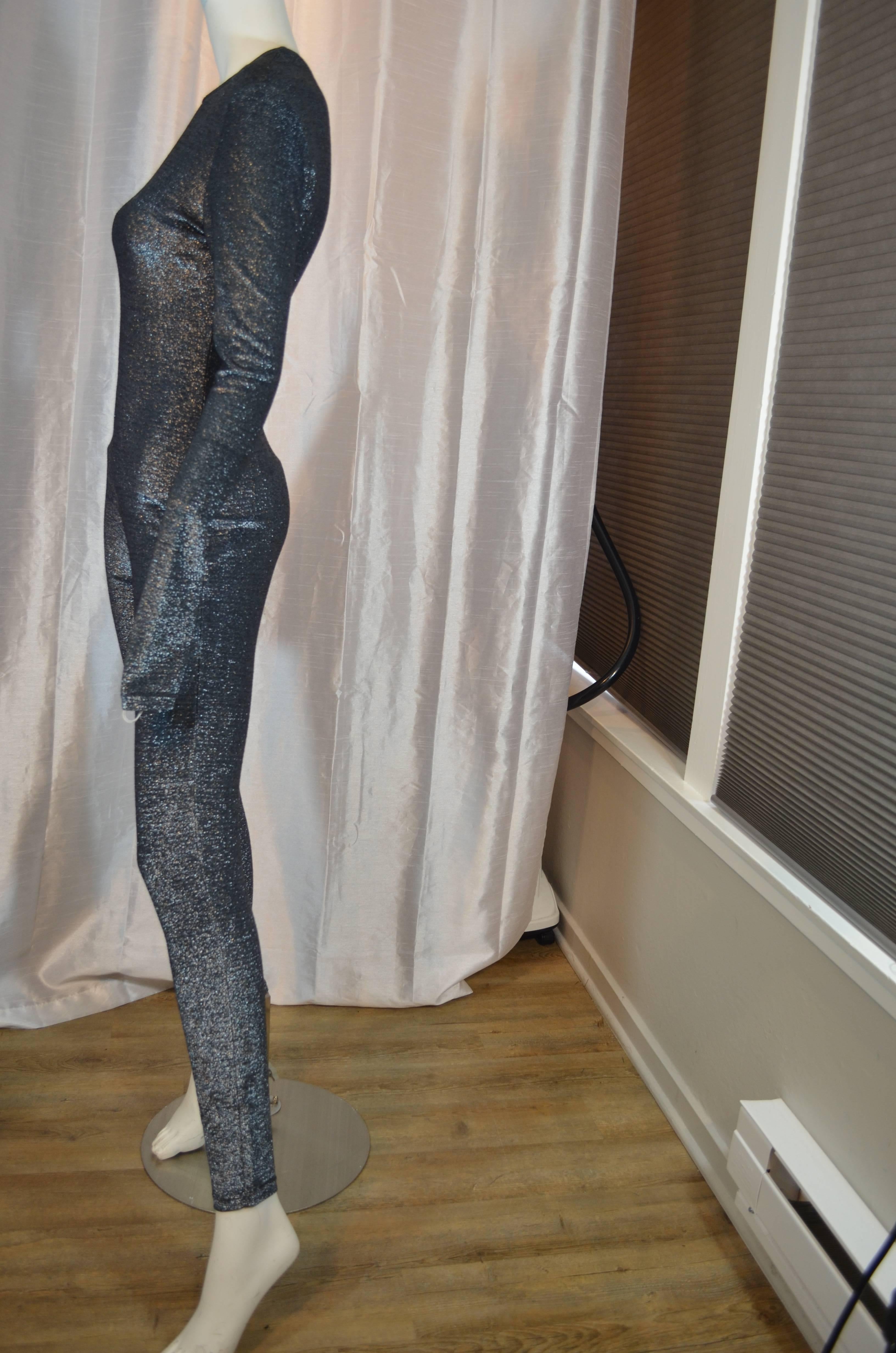 Barbara Bui Silver Metallic Lurex Catsuit Leotard

Stretch lurex knit catsuit from the 1990's from Parisian designer Barbara Bui. Hidden back zipper. Looks great on. Will best fit a size 6. Has lots of stretch.  Excellent condition. Designer label