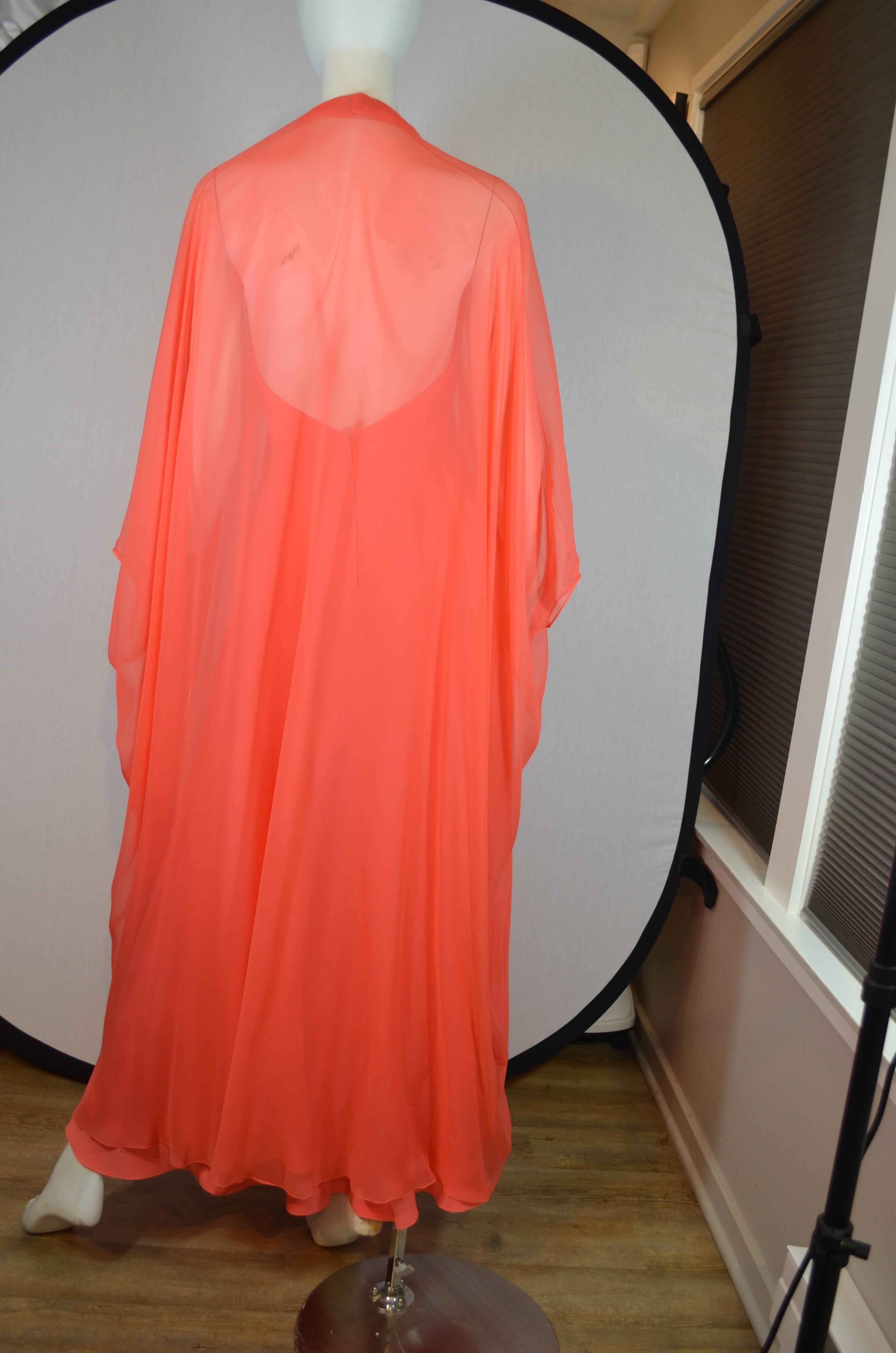 Stavropoulos Coral Halter Gown With Chiffon Cape In Excellent Condition In Carmel, CA