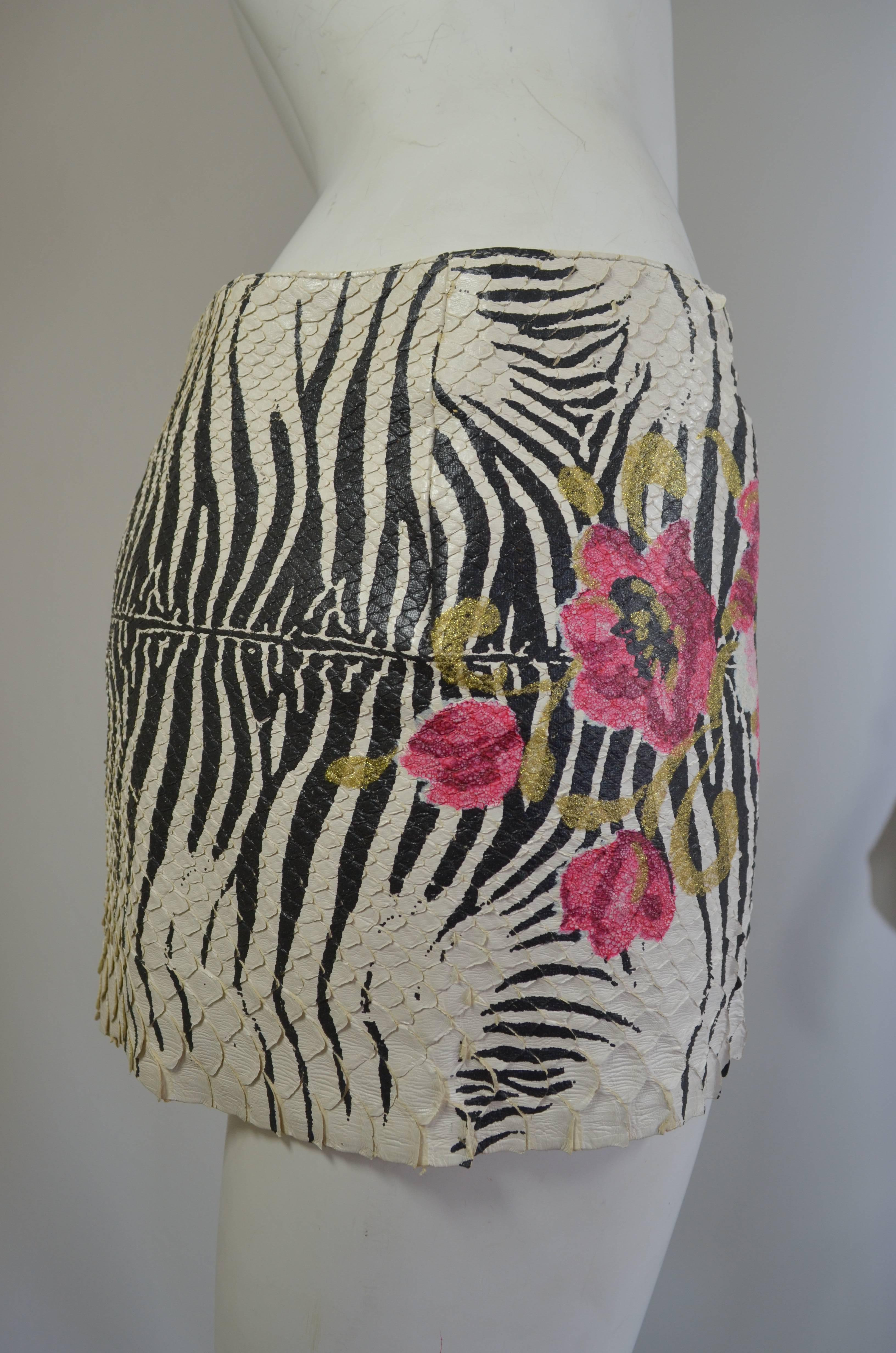 Gray Roberto Cavalli Zebra Floral Painted Snakeskin Micro Mini Skirt 