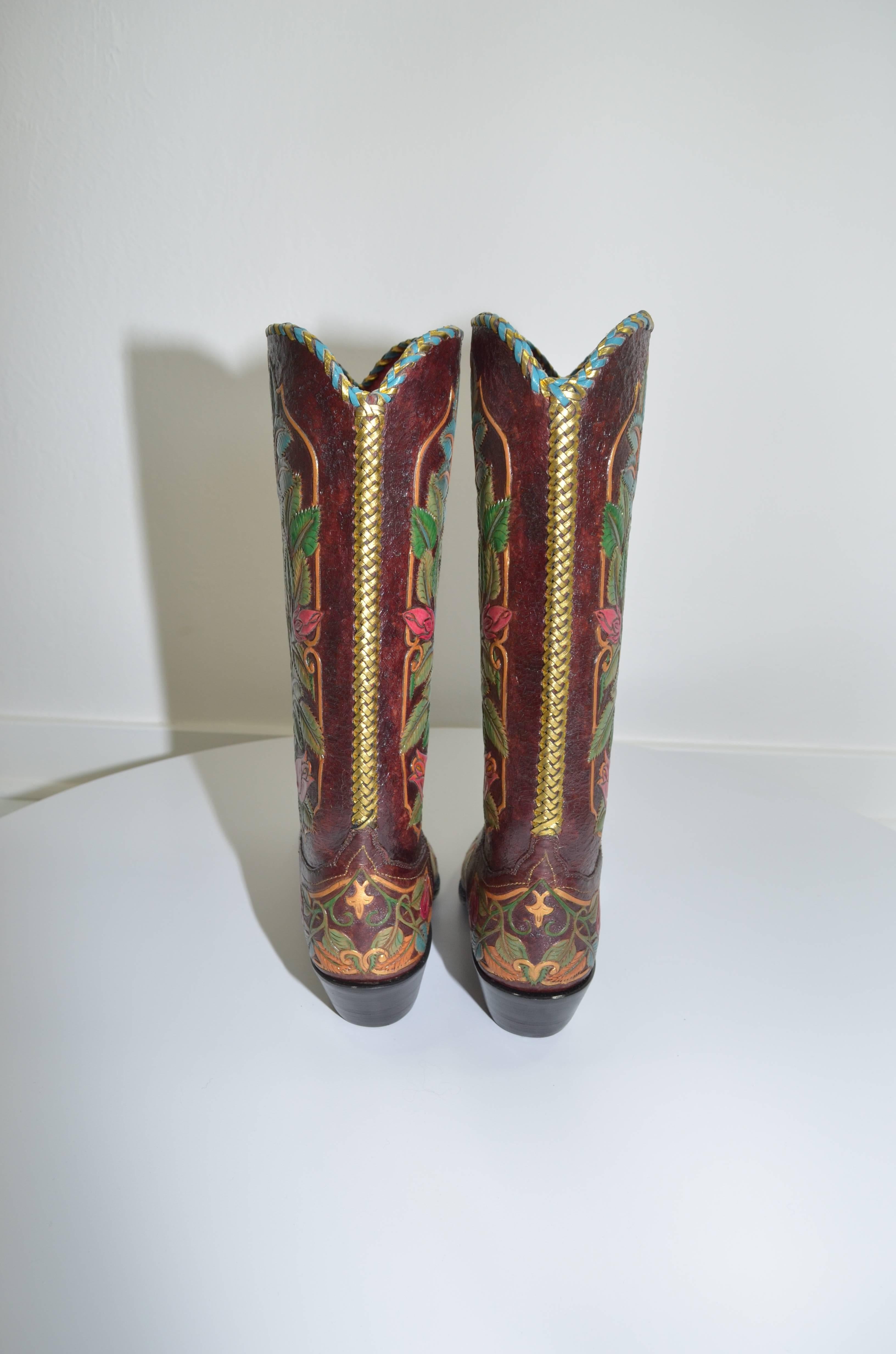 Bespoke 40 Roses Our Lady of Guadalupe Cowboy Boots Ladies 9.5  In Excellent Condition In Carmel, CA