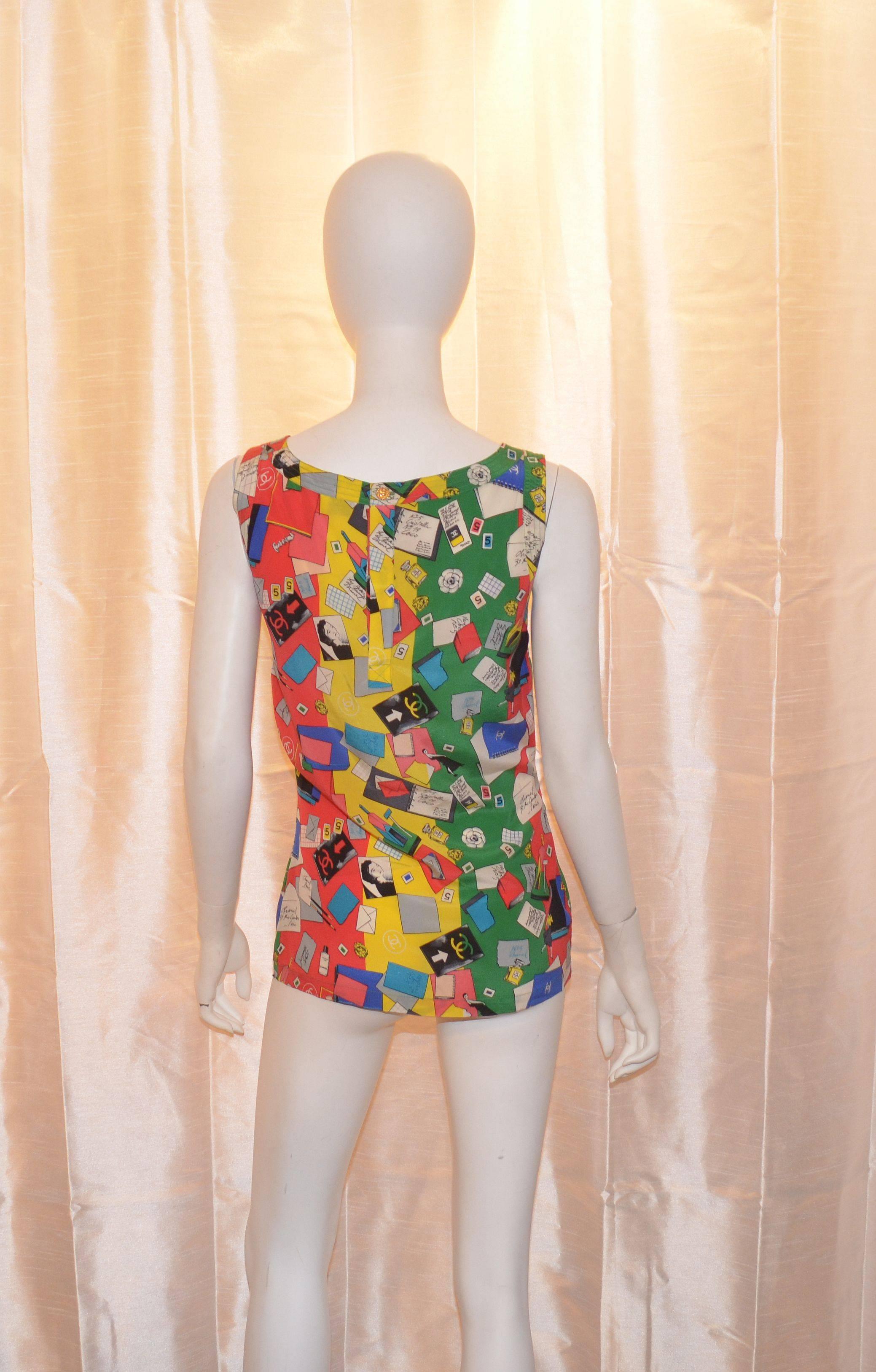 Chanel Vintage Madamoiselle Print Silk Tank Top In Excellent Condition In Carmel, CA
