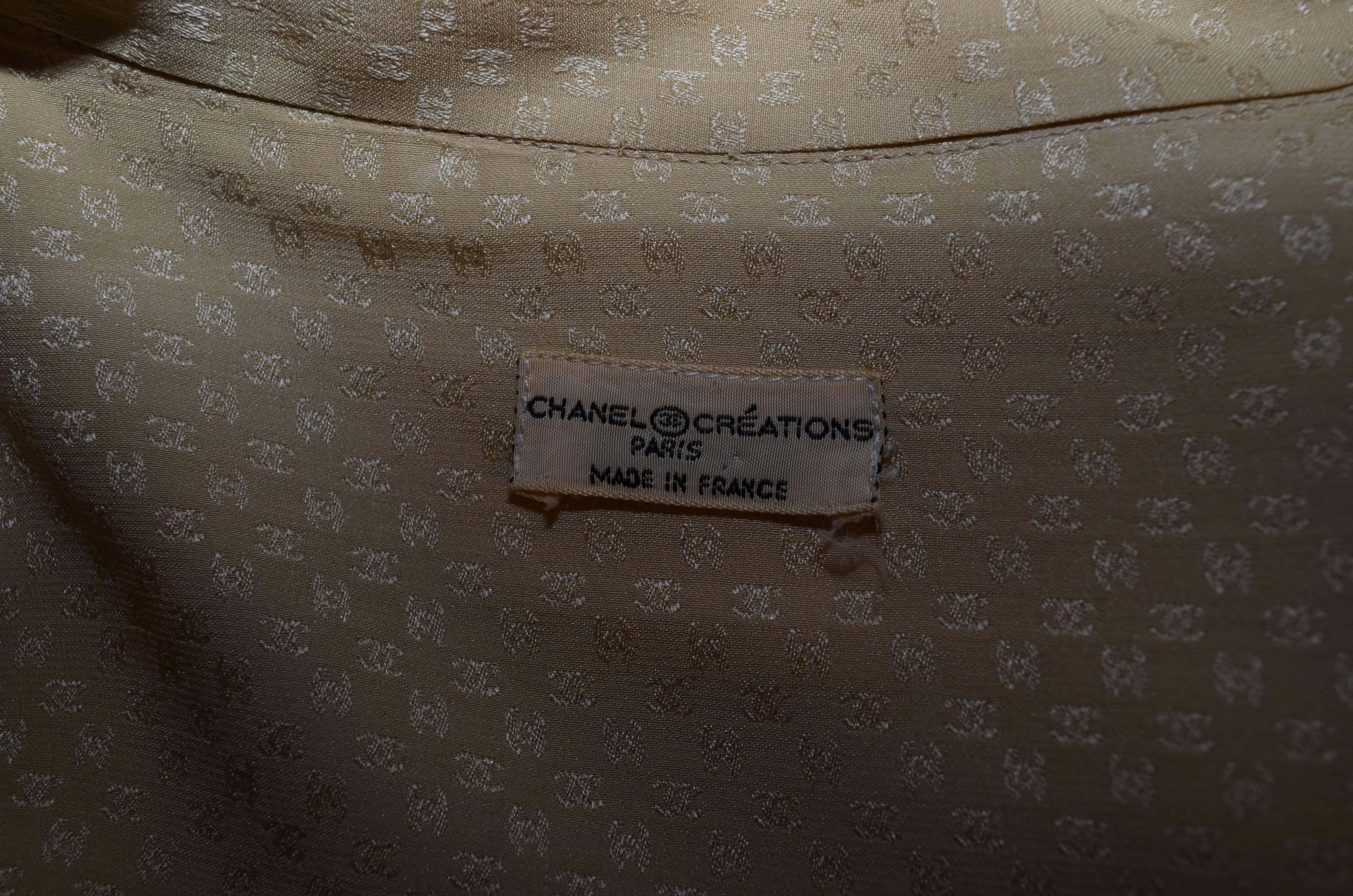 Beige Chanel Creations 1970s Cream CC Logo Print Silk Tie Neck Blouse
