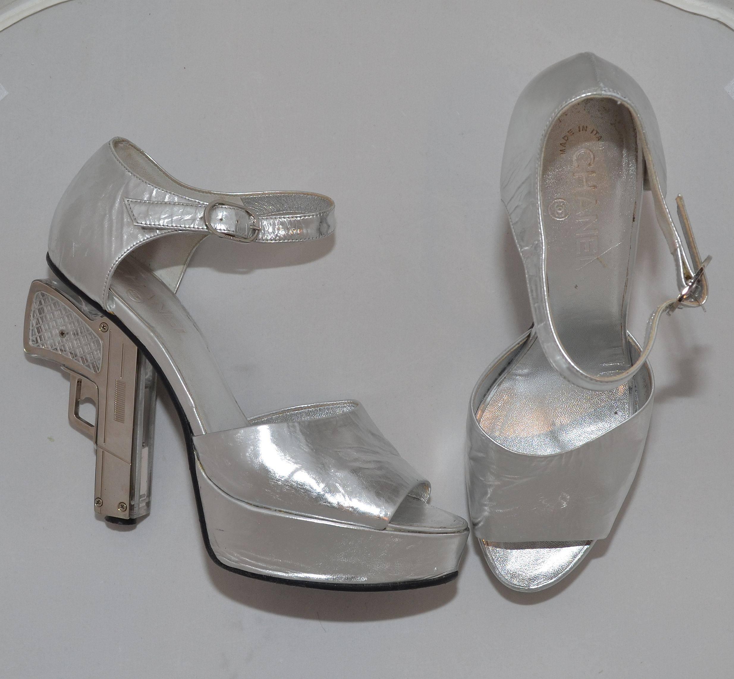 silver chanel heels