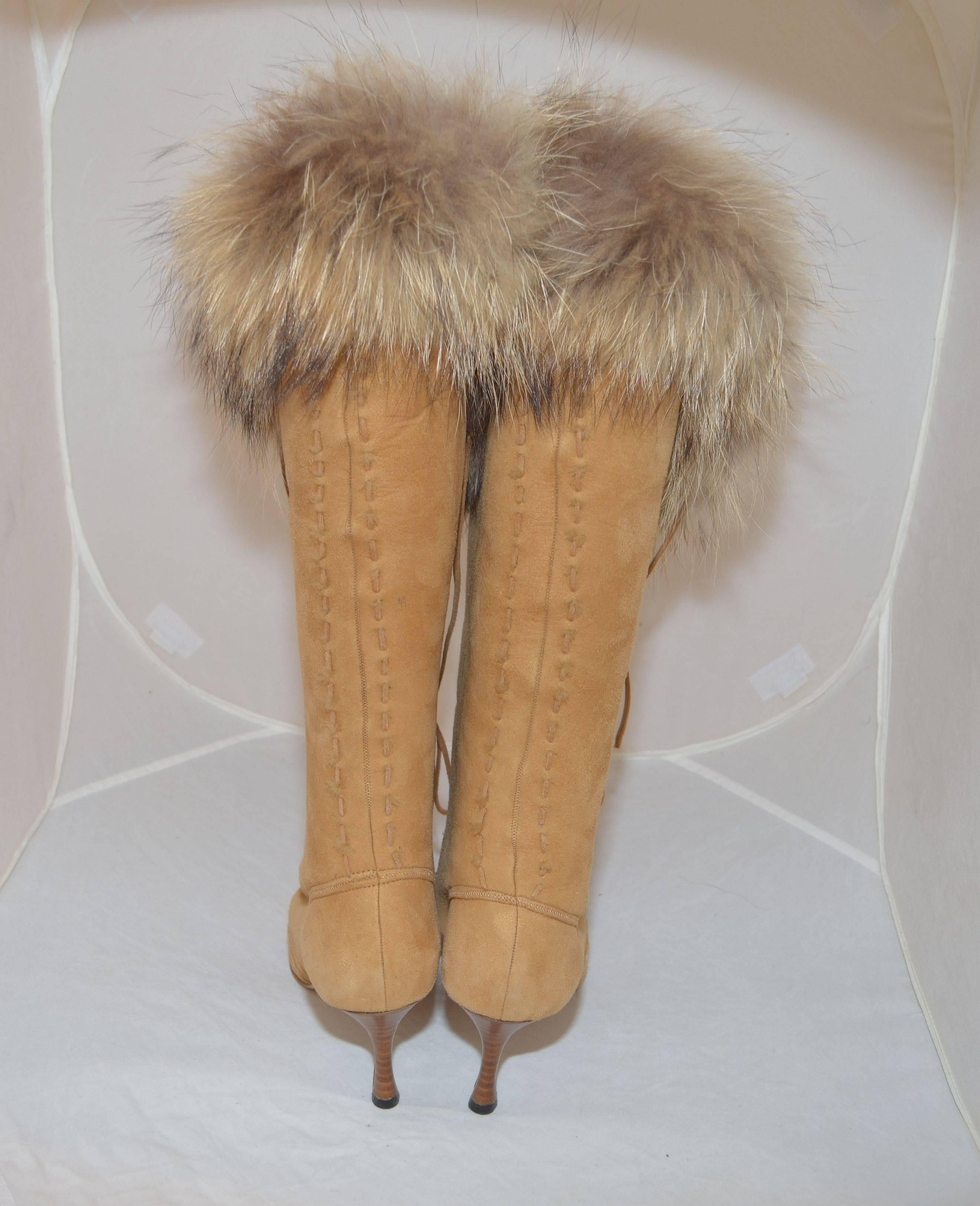 Manolo Blahnik Over the Knee Fur Trim Boots In Excellent Condition In Carmel, CA