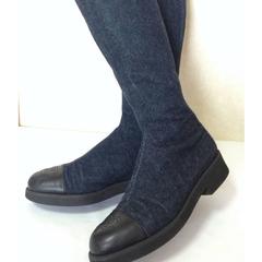 MINT. Vintage CHANEL mid high, black leather and denim combination long boots