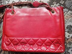Vintage CHANEL red calfskin classic shoulder tote bag with gold tone chains