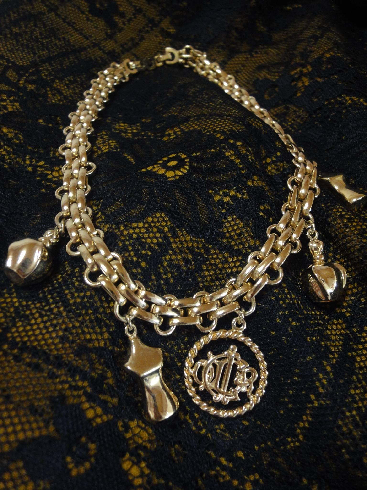 Vintage Christian Dior statement necklace with CD, perfume, torso motifs.  In Excellent Condition In Kashiwa, Chiba