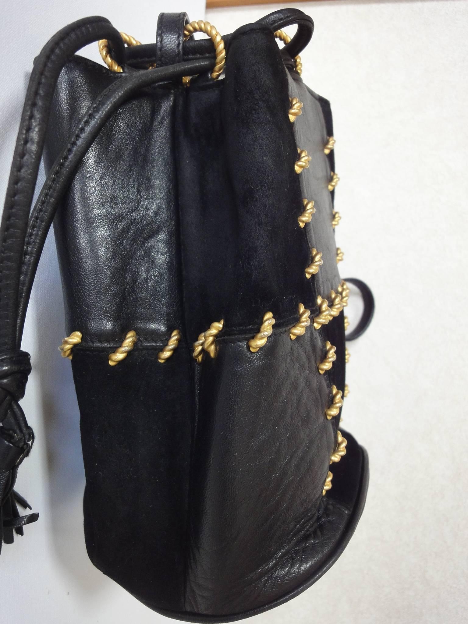 Vintage Salvatore Ferragamo black leather mini shoulder purse with drawstrings 3